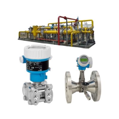 흐름 제어 밸브 집합 Endress+Hauser Proline Prowirl R 200 소용돌이 흐름 측정기와 Deltabar PMD55B 압력 송신기.