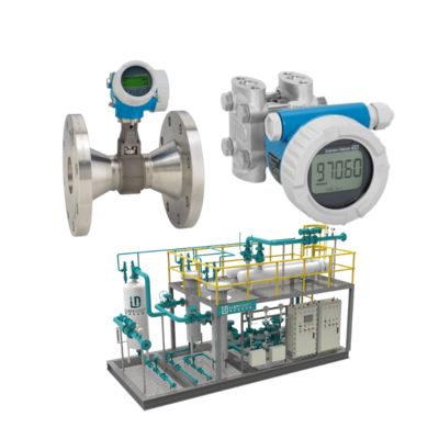 흐름 제어 밸브 집합 Endress+Hauser Proline Prowirl R 200 소용돌이 흐름 측정기와 Deltabar PMD55B 압력 송신기.