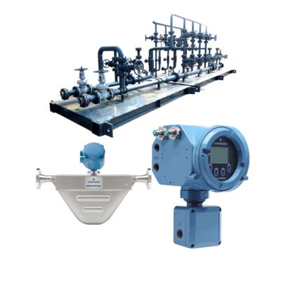 Micro Motion F100A 코리올리 유량계와 5700 현장 설치형 송신기가 장착된 천연 가스 밸브 스키드.