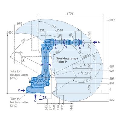 6 주축 로봇 팔 GP225 화물 225 킬로그램은 2702 밀리미터 재료 핸딩 로봇에 도달합니다